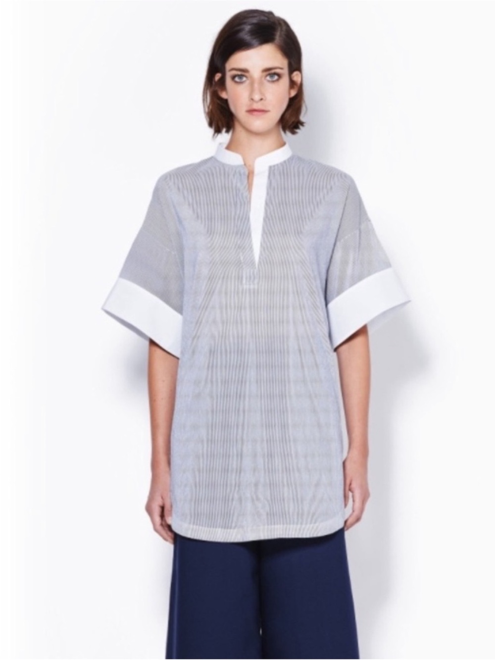 3.1 Phillip Lim Pinstripe Tunic White Cuff Split Neck Short Sleeve Size 2 - Picture 2 of 9